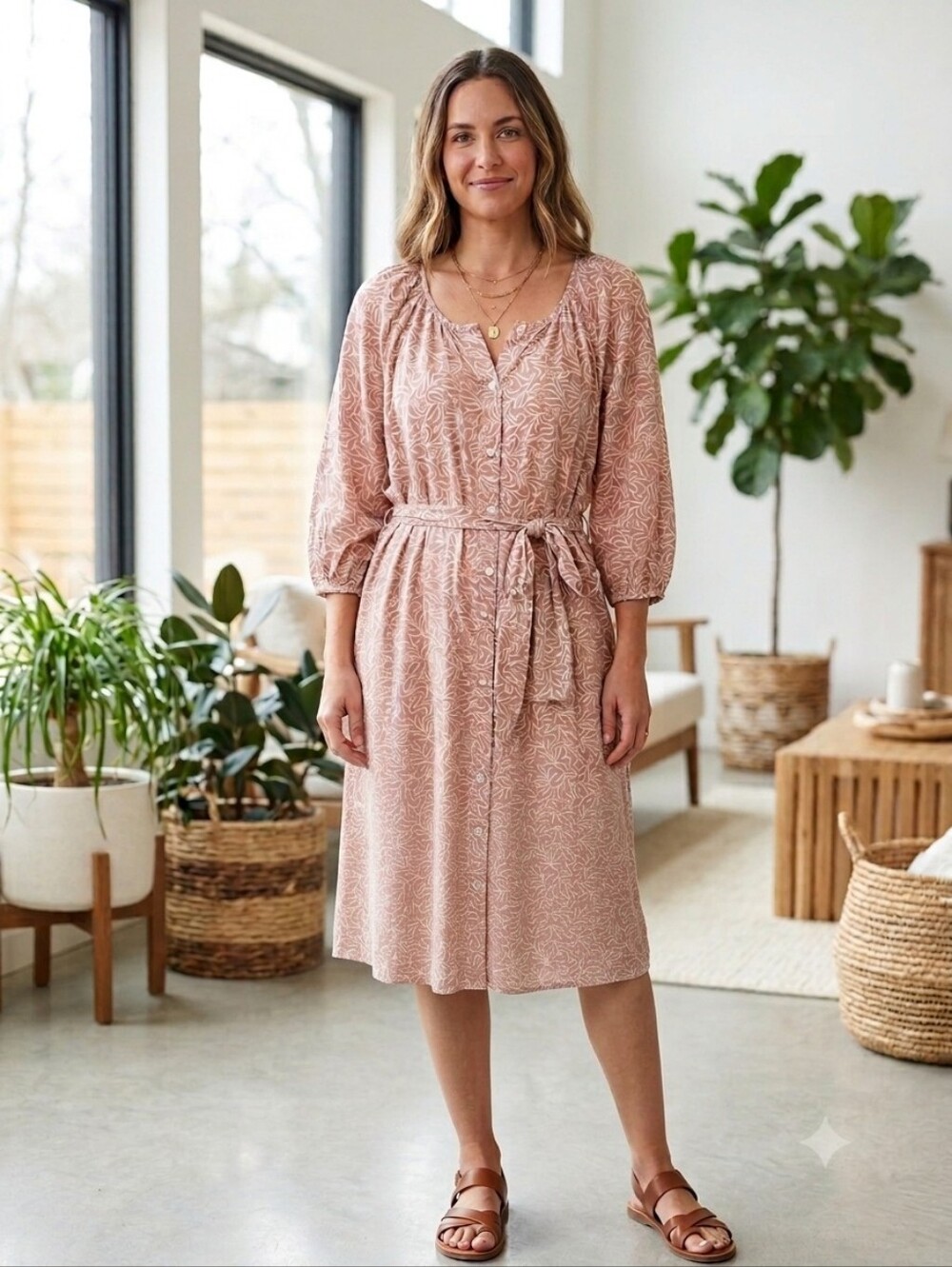 Natalie Martin 3/4 Sleeve Button-front Midi Dress Pink Seaweed Kelp Print Sz XS